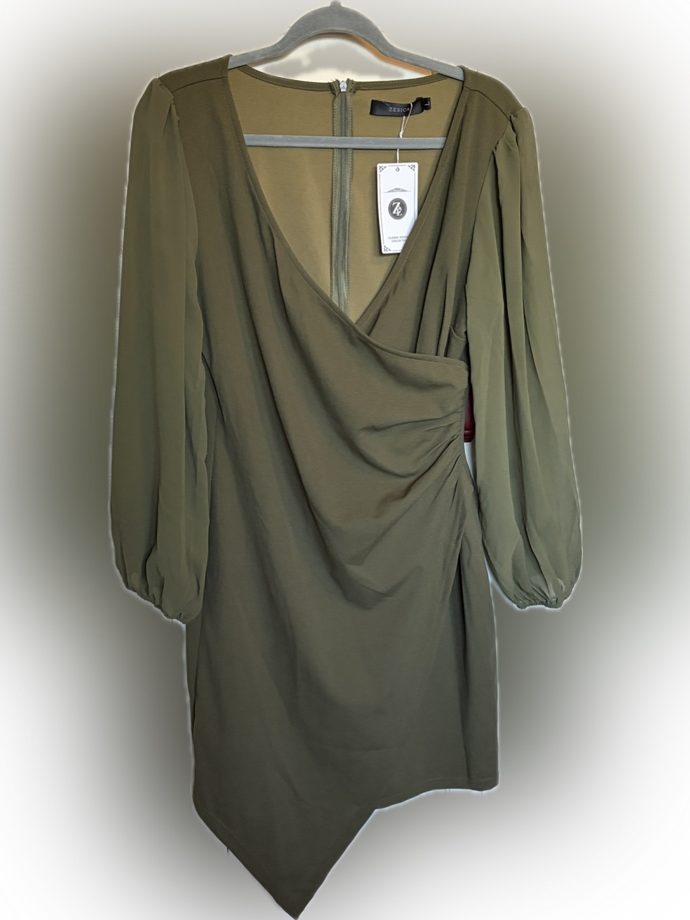 Zara Olive Green Wrap-Style Long Sleeve Dress